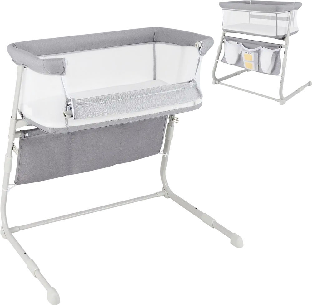 Baby bassinet bedside crib in gray with adjustable height, full-mesh sides, and sturdy metal frame for safe sleeping.