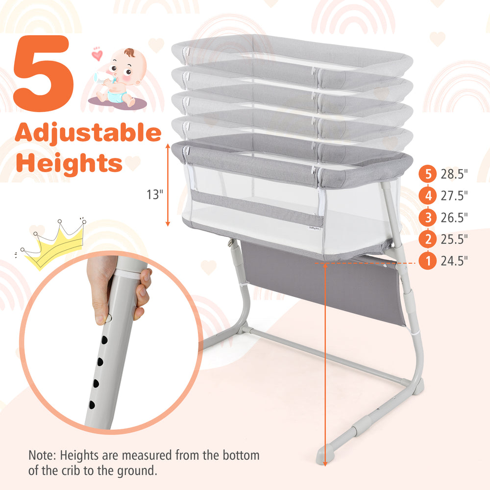 Baby bassinet bedside crib in gray with adjustable height, featuring full-mesh sides and a comfy mattress for safe.