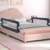 Foldable bed rail in gray with soft padding, designed for toddler safety and easy access to bed.