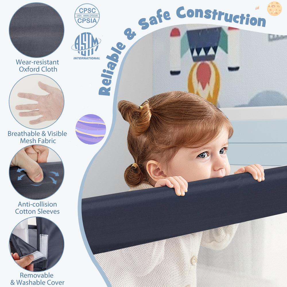 Foldable gray bed rail for toddlers featuring breathable mesh, removable cover, and T-shaped legs for stability.