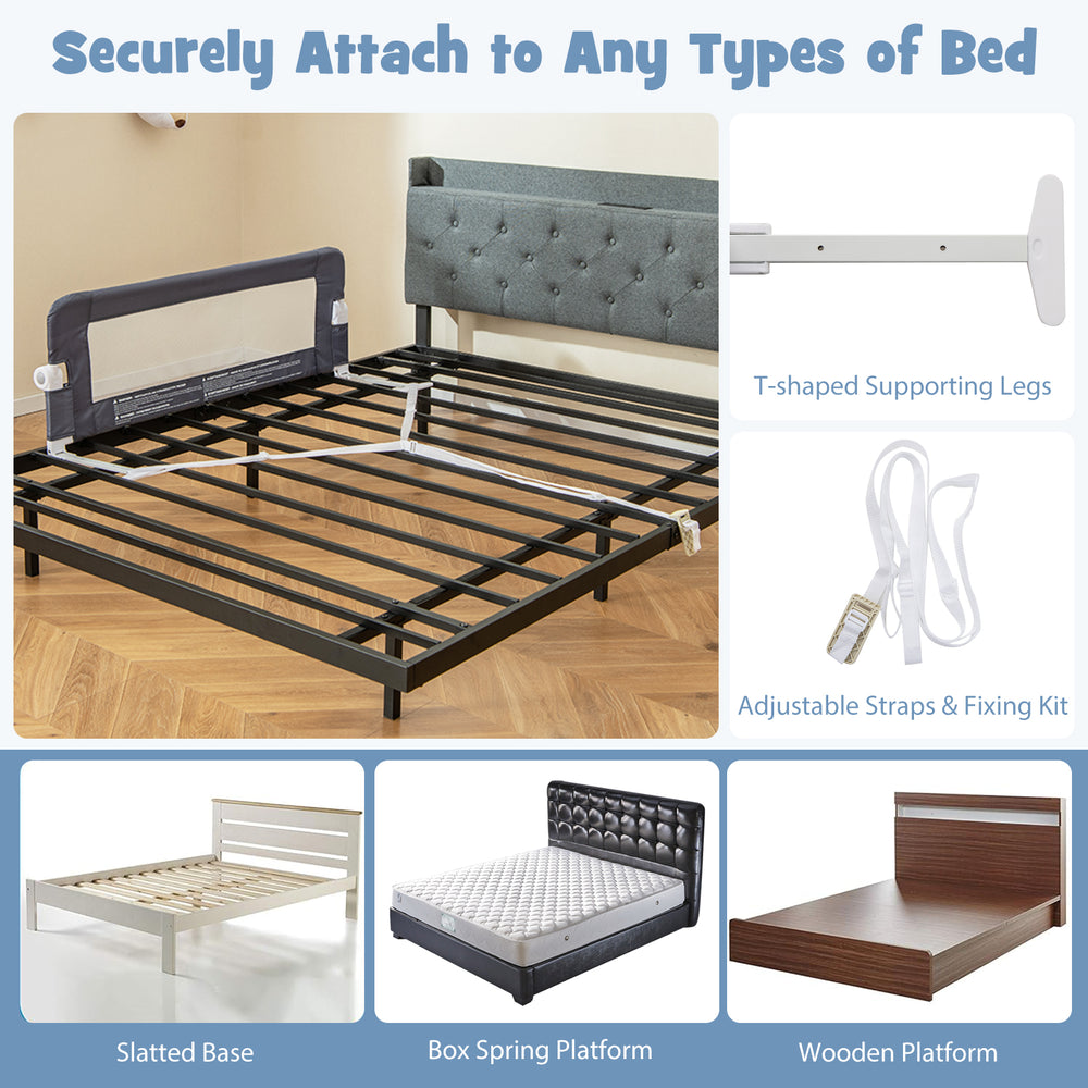 Foldable bed rail in gray with adjustable straps and T-shaped legs for added stability, designed for toddler safety.