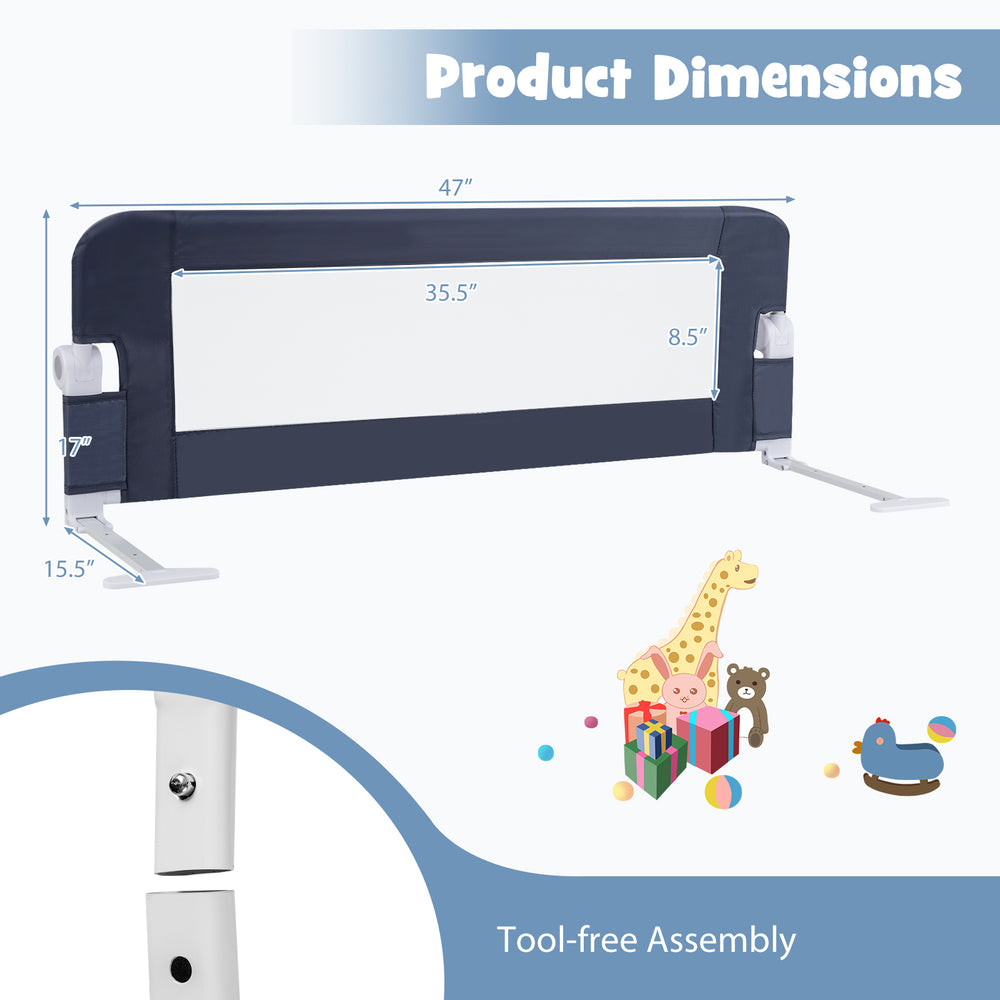 Foldable gray bed rail with dimensions 47" x 17" for toddler safety, featuring tool-free assembly and soft padding.