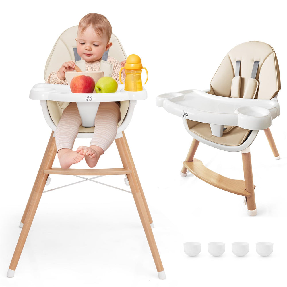 Close-up of the beige baby high chair's soft padded seat and adjustable tray, ensuring comfort and convenience for.