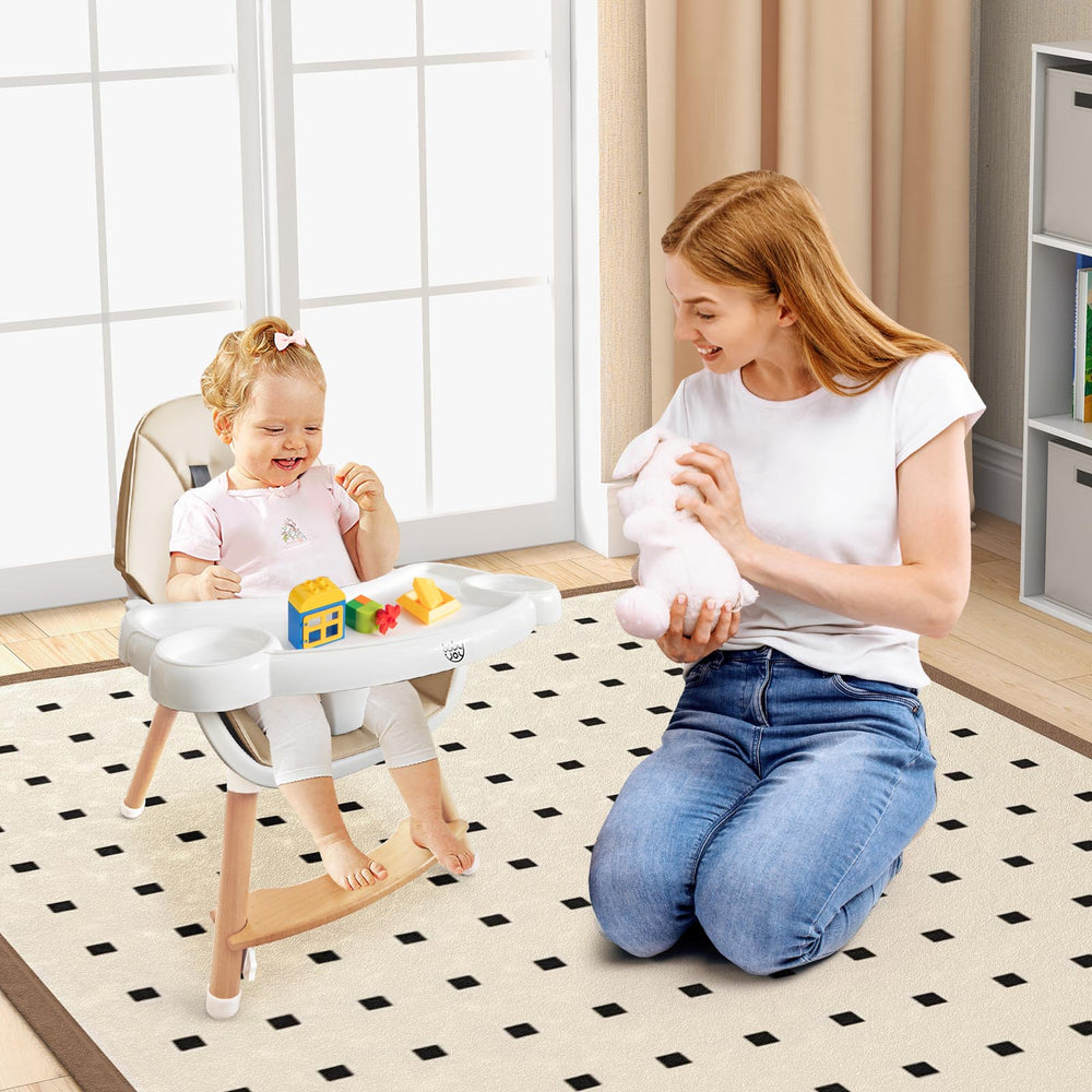 Baby high chair in beige with solid beech wood legs, 5-point harness, and dishwasher-safe tray for safe feeding.
