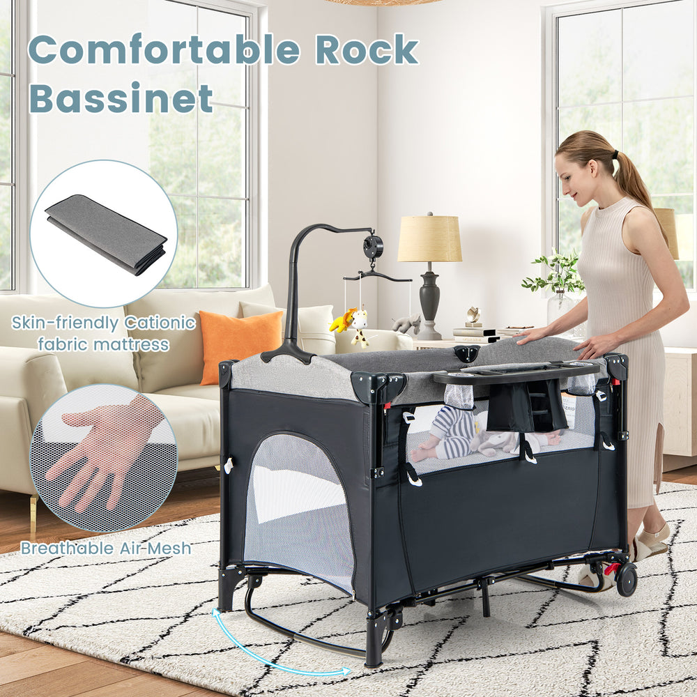 5-in-1 baby nursery center in gray with breathable mesh, detachable changing table, and comfortable cation fabric.