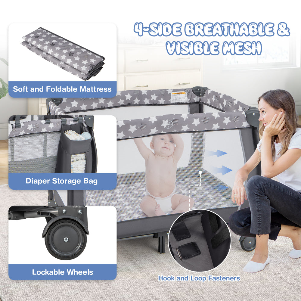 Portable baby playard in gray with breathable mesh, removable changing table, and lockable wheels for easy mobility.