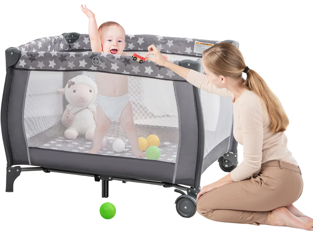 Portable baby playard in gray with changing table, mesh sides, and music box, perfect for playtime and changing.