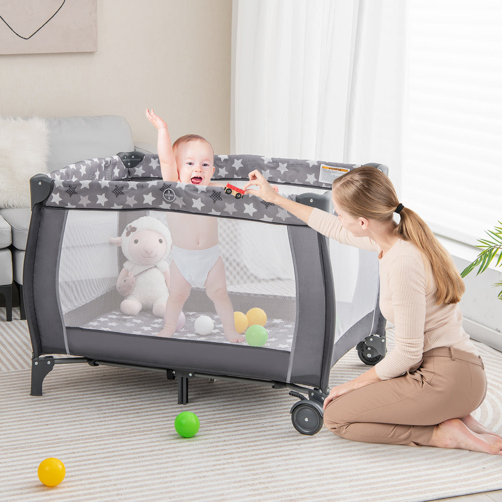 Portable Baby Playard with Changing Table Bassinet and Music Box-Gray - Gallery View 1 of 10