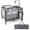 Portable baby playard in gray with changing table, music box, and storage bag, designed for easy transport and use.