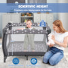 Portable baby playard in gray with changing table, mesh sides, and music box, providing a safe play space for infants.