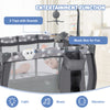 Portable baby playard in gray featuring hanging toys, music box, and mesh sides for easy baby observation.