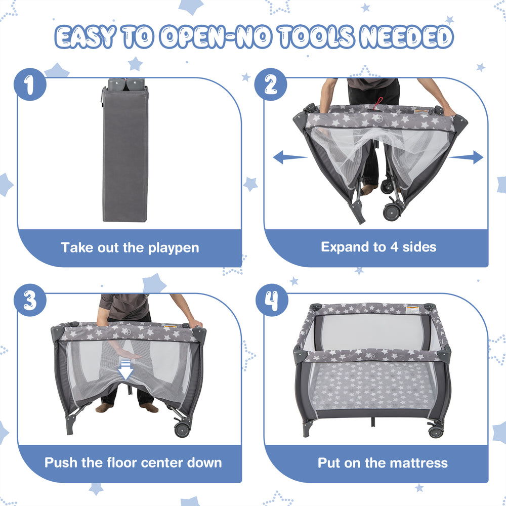 Portable baby playard in gray with changing table, mesh sides, and music box, easy to set up without tools.