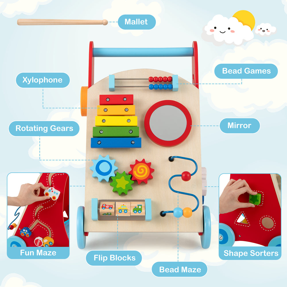Baby push walker with handle and wheels featuring xylophone, shape sorters, and bead games for toddlers aged 3+.
