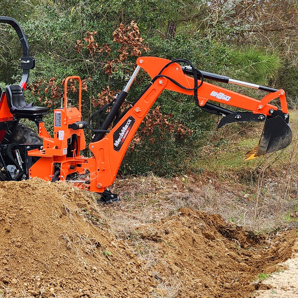 9' Tractor Backhoe Attachment with Mechanical Thumb,  15" Bucket,  ISO/SAE Switchable Controls,  Self-Contained Hydraulic System,  3 Point Hitch Cat.1 & 2,  25-100 HP,  BH860M