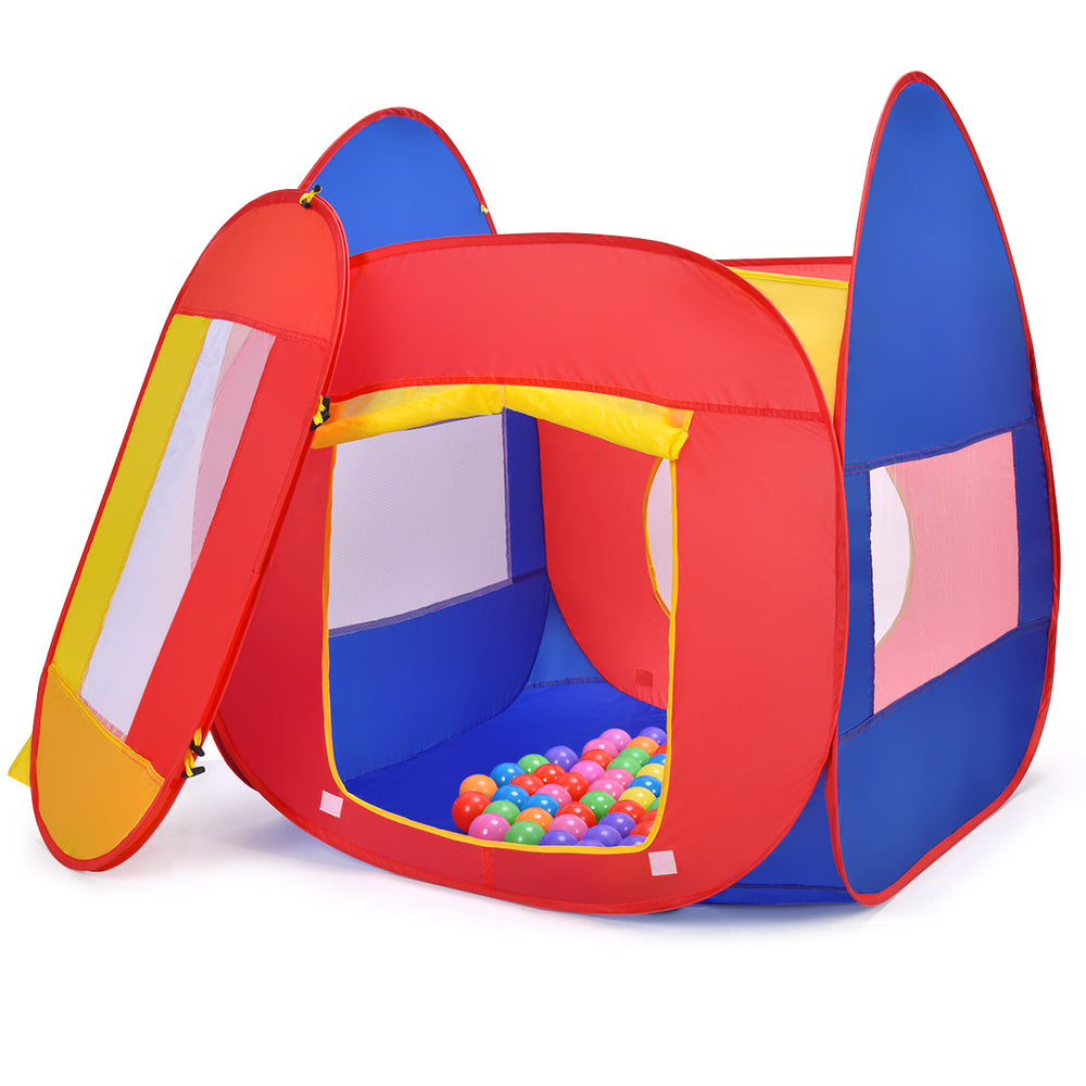 Colorful portable kid play house tent with 100 balls, featuring breathable mesh windows for visibility and ventilation.