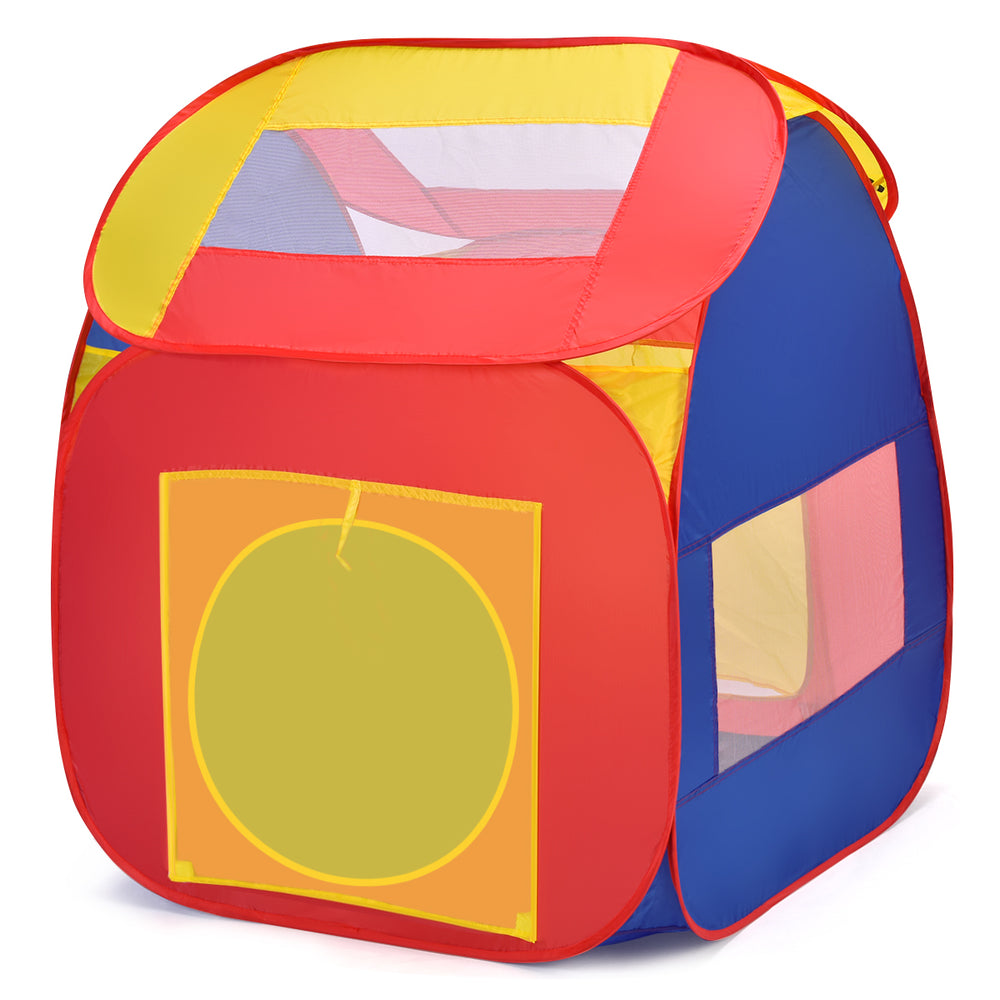 Colorful portable kid play house tent in red and blue, designed for easy assembly and includes 100 balls for playful.