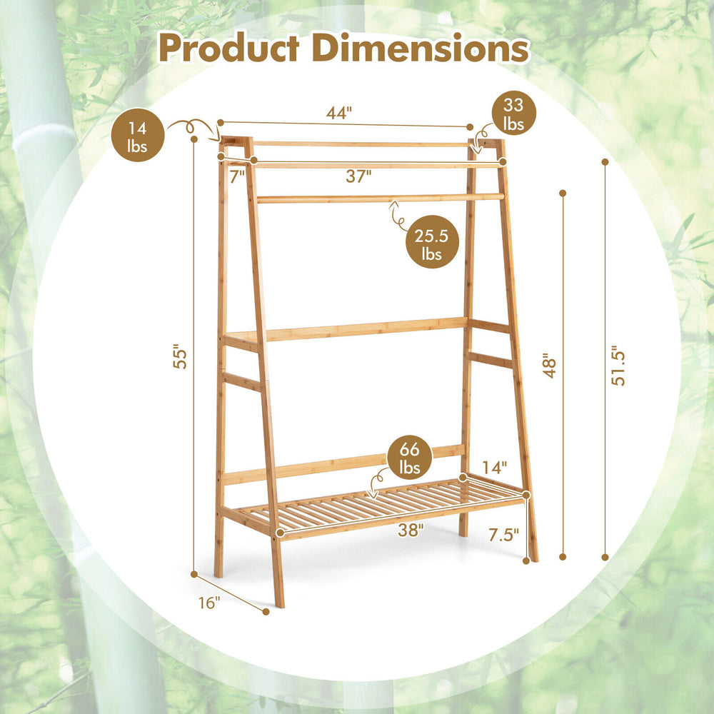 Bamboo clothing rack with storage shelves, featuring a hanging rod and two-tier shelves for versatile organization.
