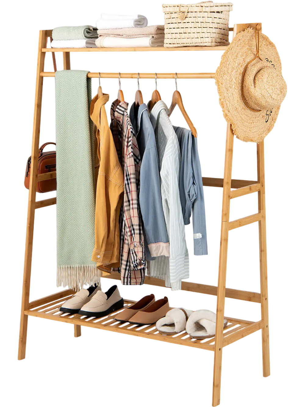Bamboo clothing rack with storage shelves, featuring a hanging rod and two-tier shelves, ideal for bedroom or entryway.