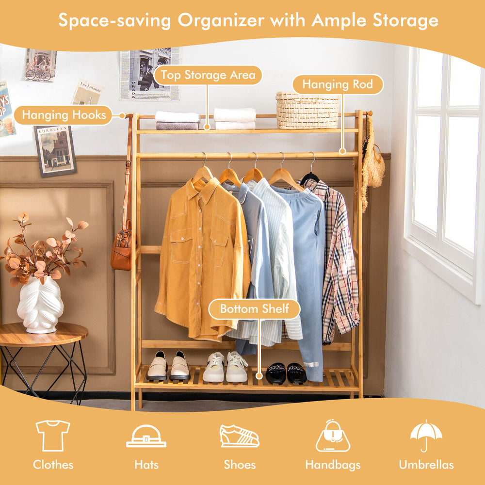 Bamboo clothing rack with hanging rod, shelves, and hooks for versatile storage in bedroom or entryway.