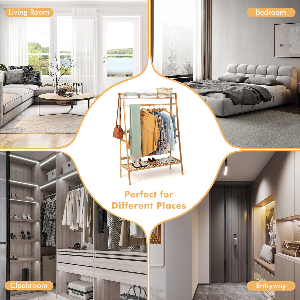 Bamboo clothing rack with storage shelves, featuring a hanging rod and side hooks, ideal for bedroom or entryway.