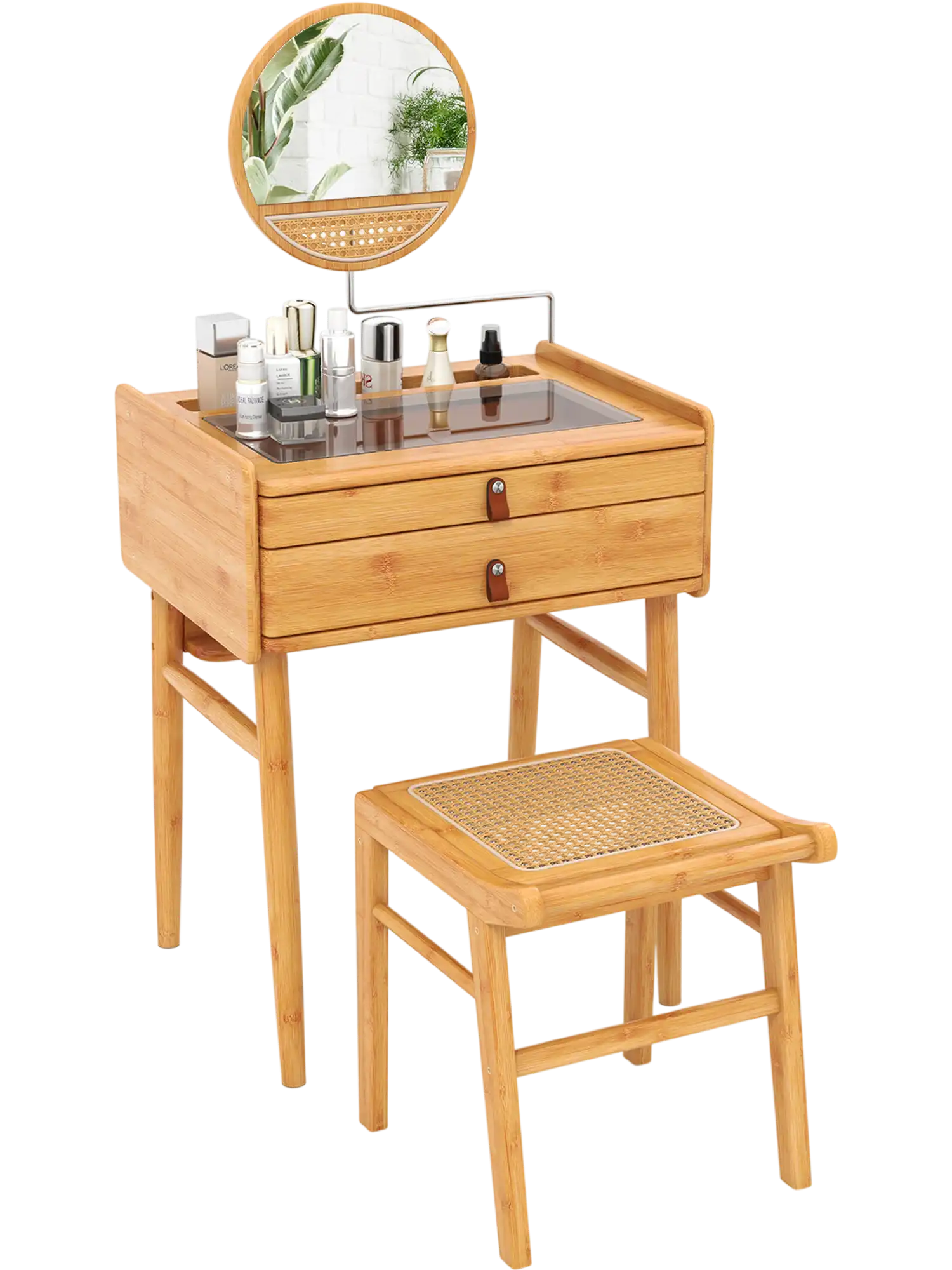 Costway Bamboo Makeup Vanity Table Stool Rotating Mirror 89172546 New