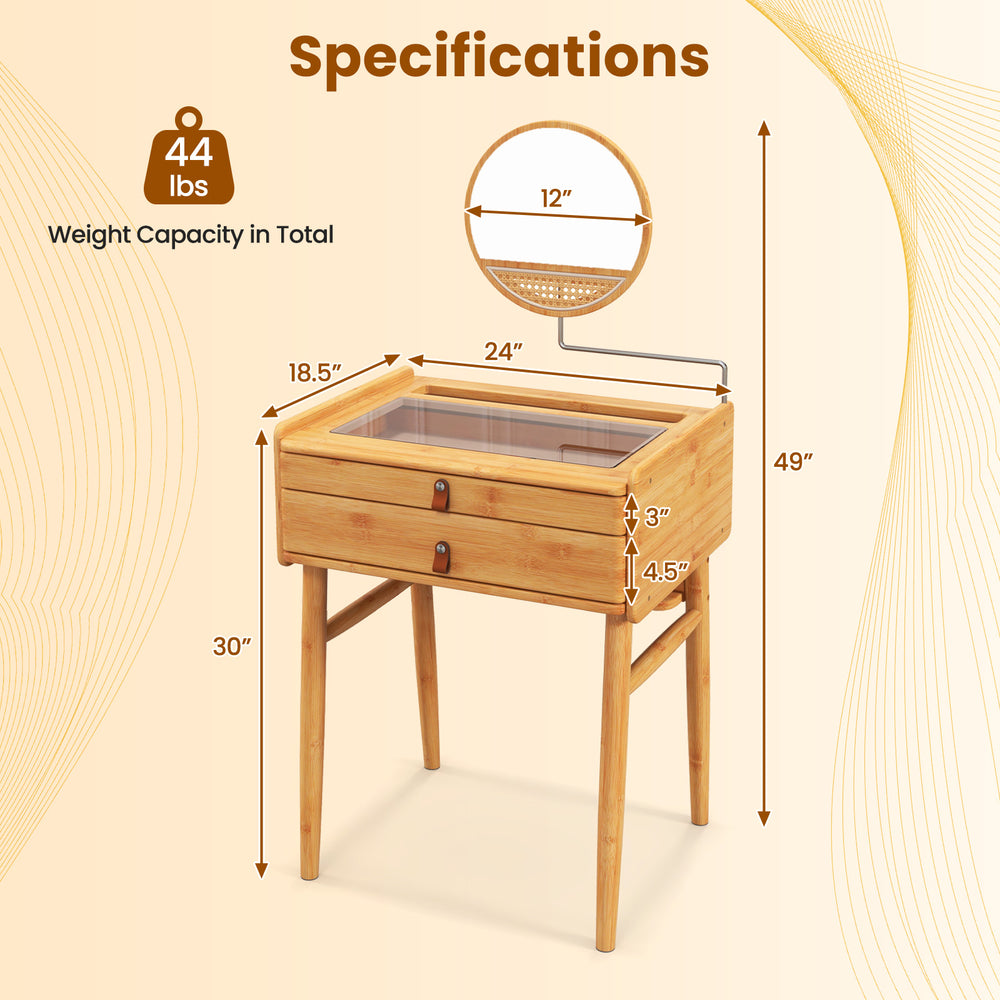 Bamboo makeup vanity table with rotating mirror, two drawers, and durable construction for organized cosmetics.