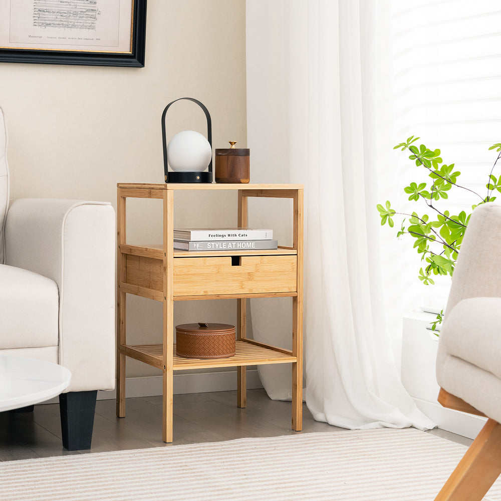 Bamboo Nightstand with Storage Drawer and Slatted Shelf-1 Piece - Gallery View 1 of 9