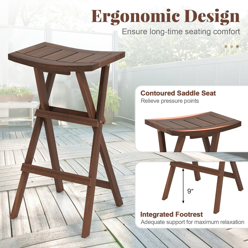 Bar stool with contoured saddle seat and integrated footrest, made of teak wood, ideal for kitchen islands and.