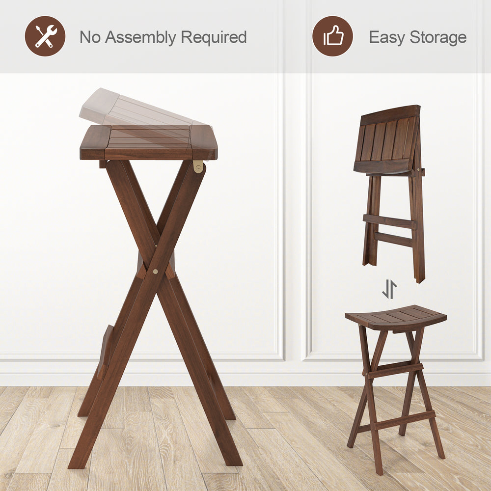 Compact folding bar stools set of 2 in teak wood, featuring saddle seats and footrests for kitchen island or balcony.