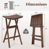 Teak wood bar stool with saddle seat and footrest, 30" height, compact folding design for easy storage.