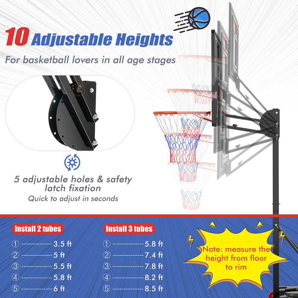 Basketball hoop with adjustable height from 5 to 10 feet, featuring rustproof metal tubes and a shatterproof backboard.
