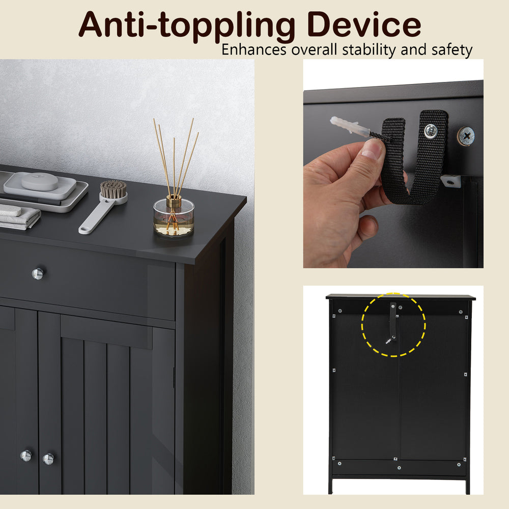 Anti-toppling device on the black bathroom floor cabinet enhances stability and safety for secure storage.