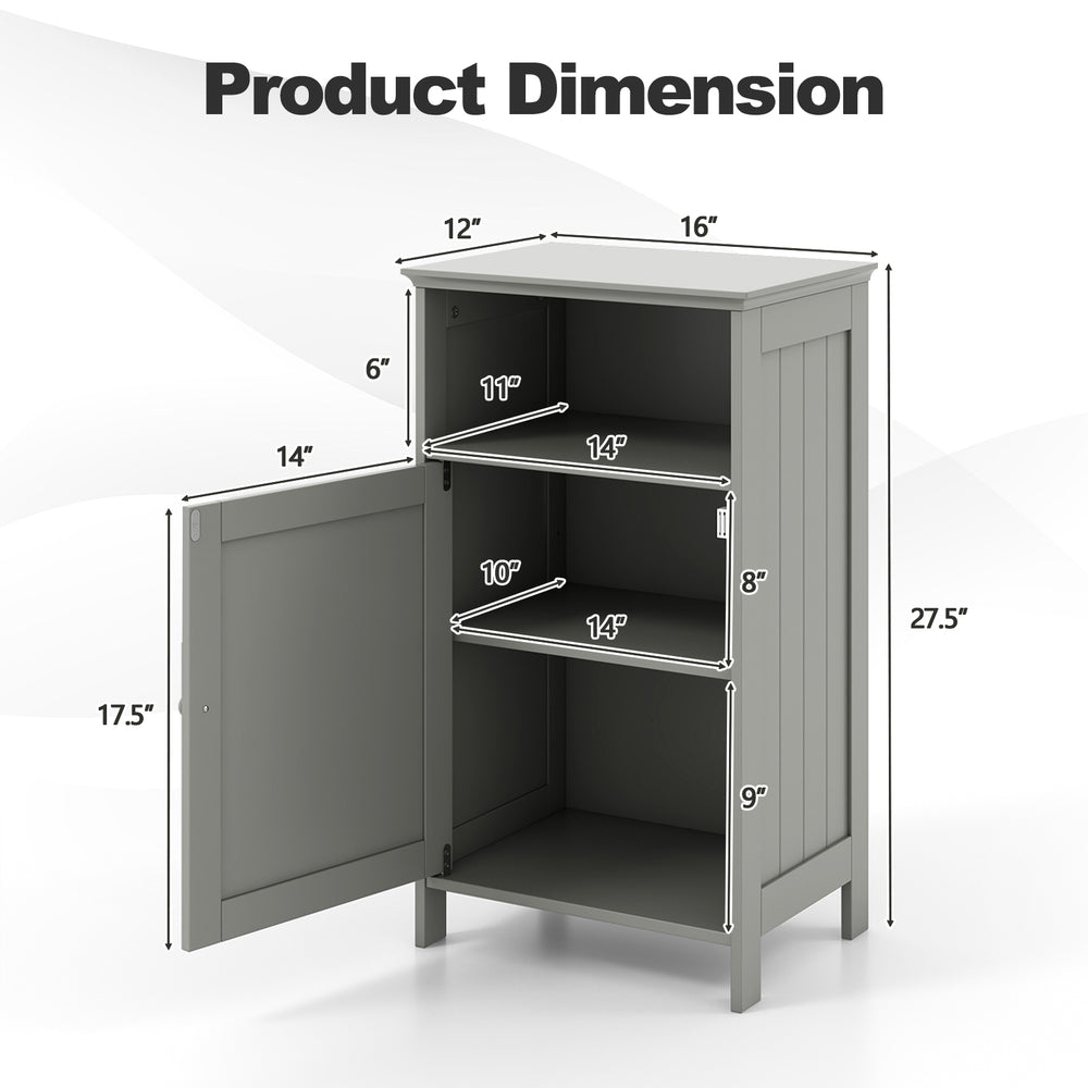 Dimensions of the gray bathroom freestanding storage cabinet with adjustable shelves and ample storage space.