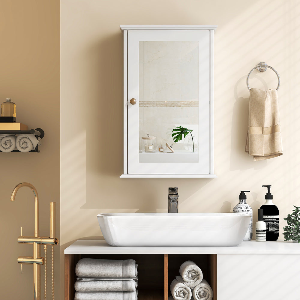 Bathroom wall cabinet with a single mirror door, featuring adjustable shelves for organized storage and a sleek design.