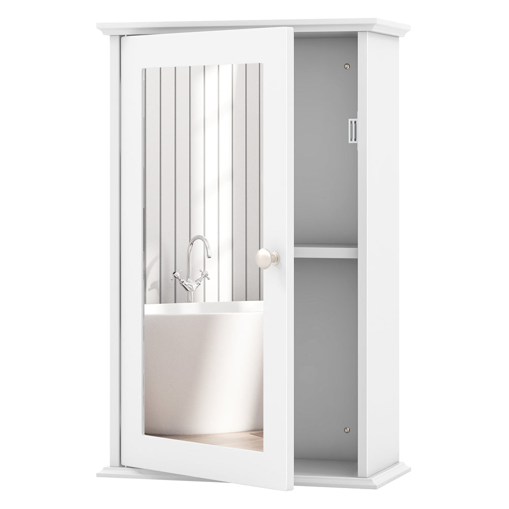 Wall-mounted bathroom cabinet with a single mirror door, featuring adjustable shelves for organized storage.