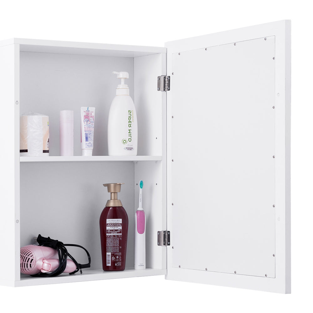 Wall mounted adjustable medicine storage cabinet with gray finish, featuring two shelves and a mirror for bathroom.