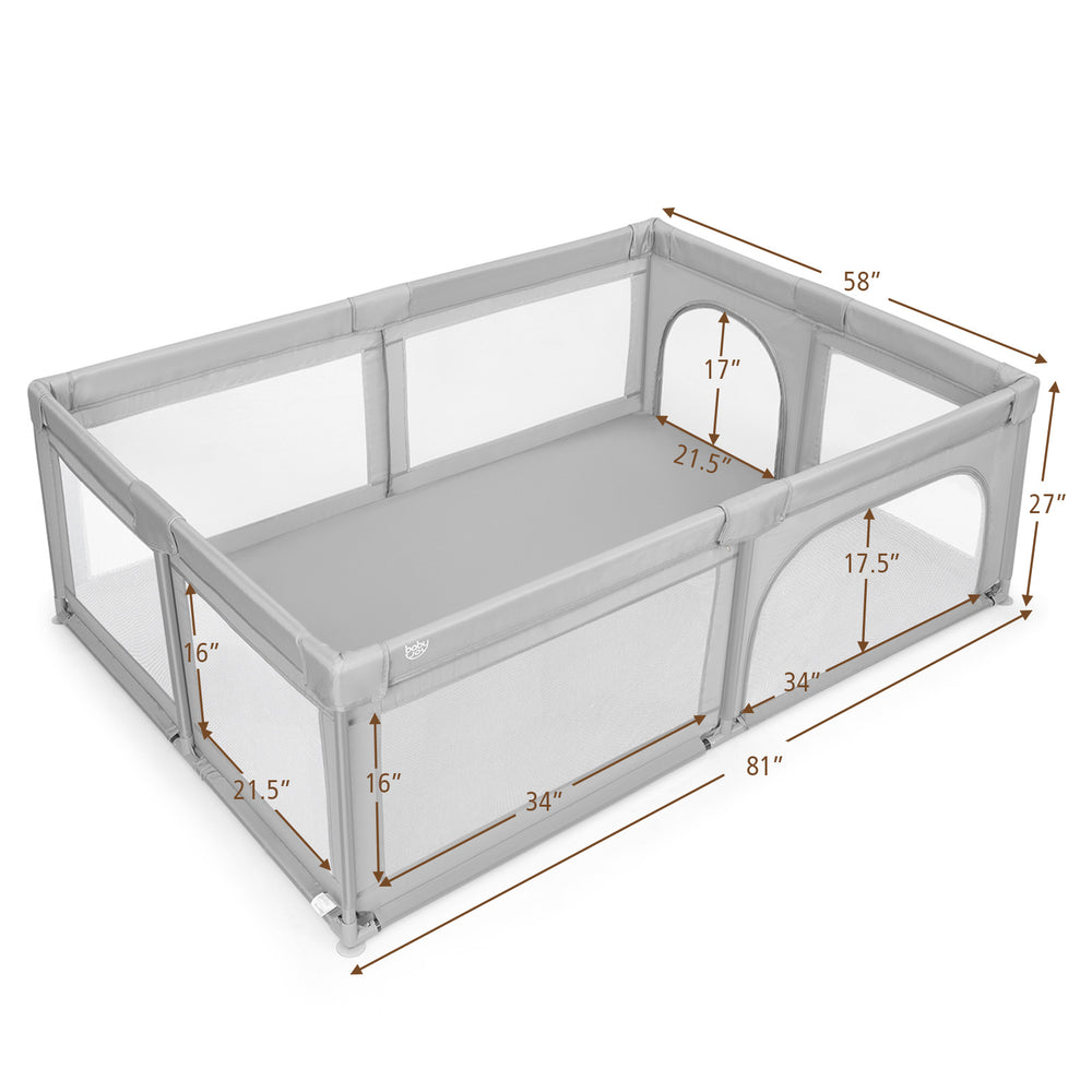 Extra-large gray baby playpen made of 210D oxford cloth, featuring external zippers and 50 ocean balls for safe play.