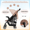 Adjustable baby stroller in coffee color with a canopy, 5-point harness, and multi-position reclining seat for travel.