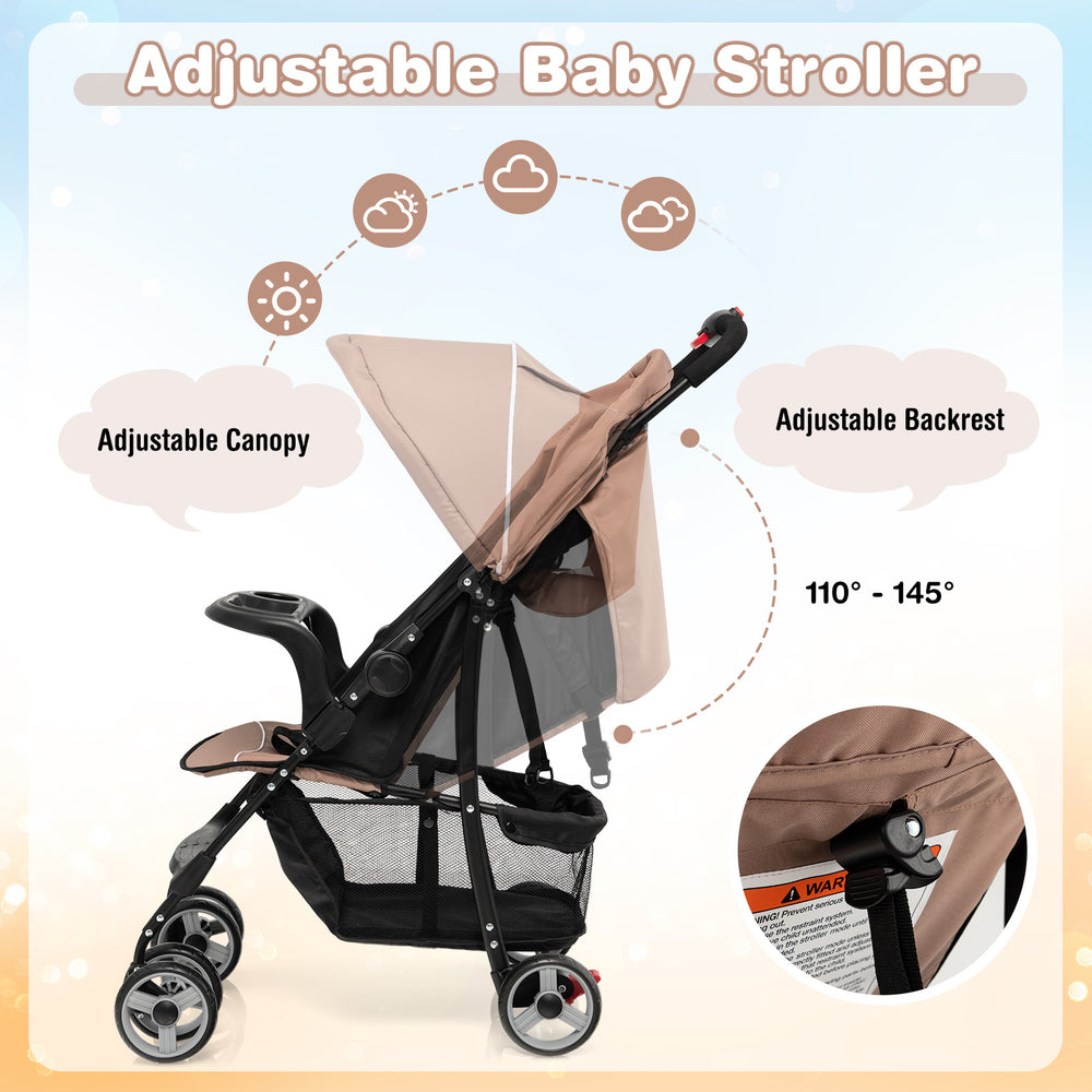 Adjustable baby stroller in coffee color with a canopy, 5-point harness, and multi-position reclining seat for travel.