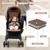 Toddler travel stroller in coffee color with adjustable backrest, canopy, and 5-point safety harness for secure outings.