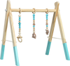 Wooden baby activity gym with teething toys, blue accents, promoting physical and mental development for infants.