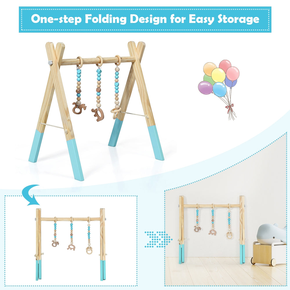 Portable wooden baby activity gym with teething toys, blue accents, and foldable design for easy storage.