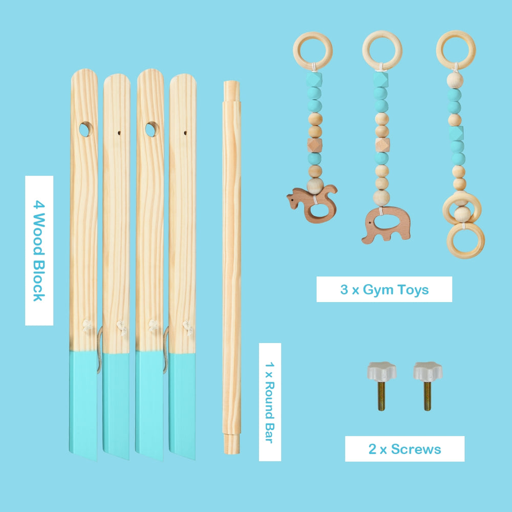 Portable baby exercise gym set featuring 4 wooden blocks, 1 round bar, and 3 teething toys in blue for infant.