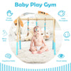 Portable wooden baby play gym in blue, featuring teething toys and designed for physical and cognitive development.