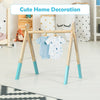 Wooden newborn baby activity gym with blue accents, promoting physical and mental development, ideal for small spaces.
