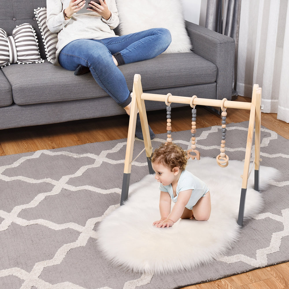 Portable 3 Wooden Newborn Baby Exercise Activity Gym Teething Toys Hanging Bar-Gray - Gallery View 1 of 14