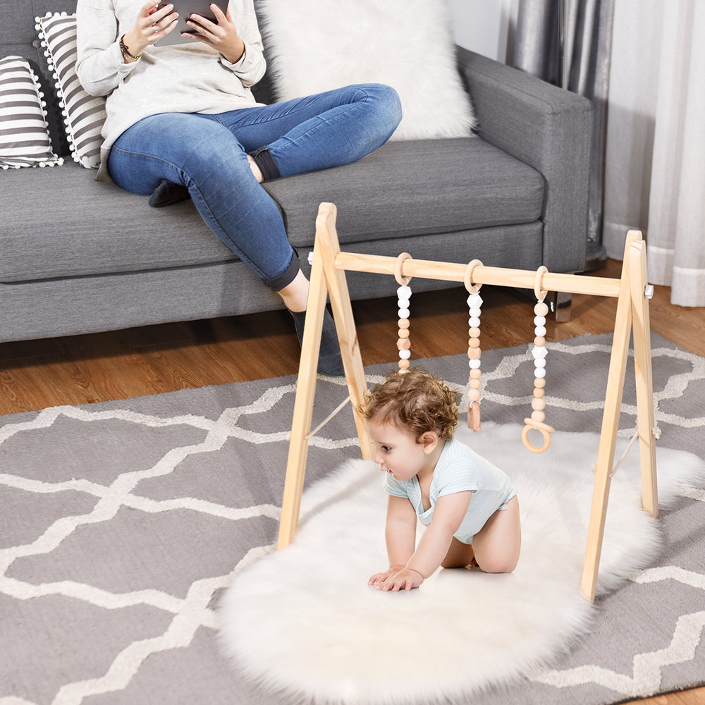 Portable 3 Wooden Newborn Baby Exercise Activity Gym Teething Toys Hanging Bar-Natural - Gallery View 1 of 14