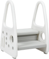 Kids step stool in gray with armrests, two-tier design for potty training, non-slip steps, and safety handrails.