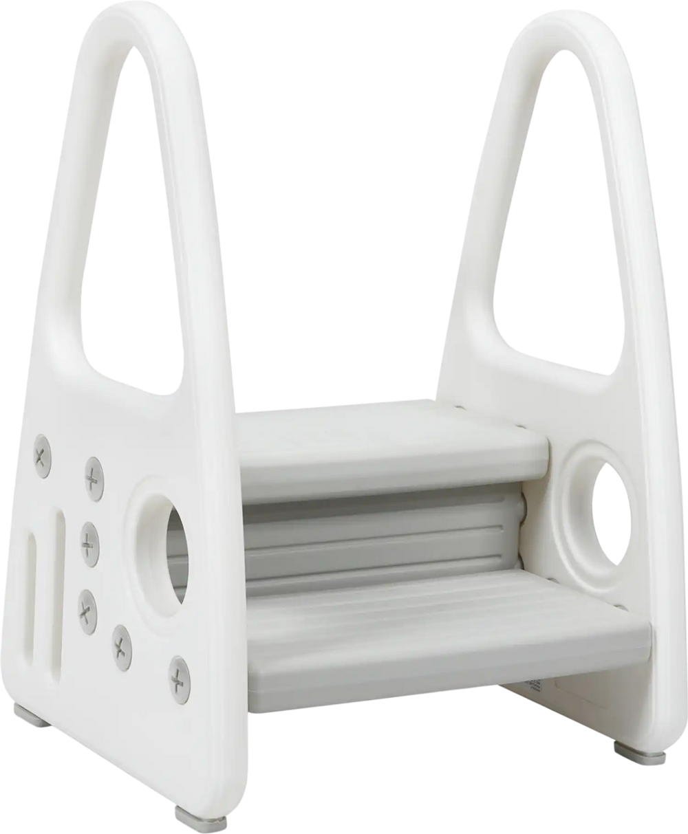 Kids step stool in gray with armrests, two-tier design for potty training, non-slip steps, and safety handrails.