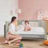 Toddler bed rail guard with adjustable height, safety lock, and seamless design for twin to queen mattresses.
